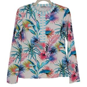 Tommy Bahama Rash Guard Women S White Tropical Palm 1/2 Zip Long Sleeve Swim Top